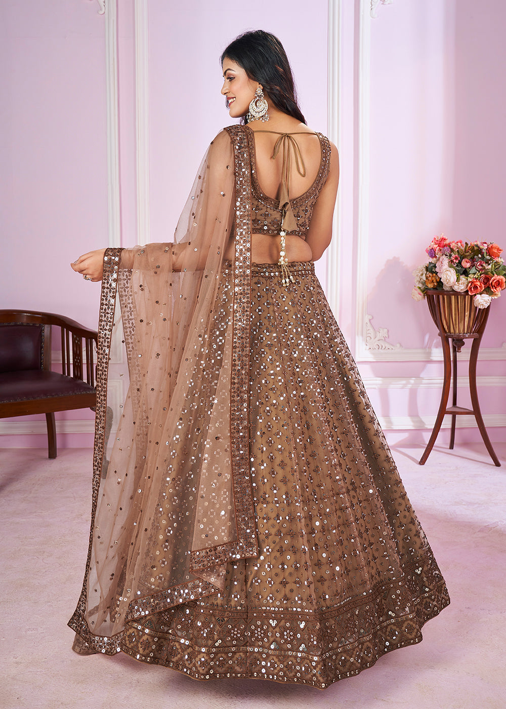 Buy Now Soft Net Embroidered Brown Color Reception Lehenga Choli Online in USA, UK, Canada & Worldwide at Empress Clothing.