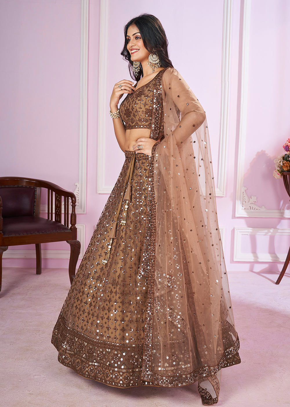 Buy Now Soft Net Embroidered Brown Color Reception Lehenga Choli Online in USA, UK, Canada & Worldwide at Empress Clothing.