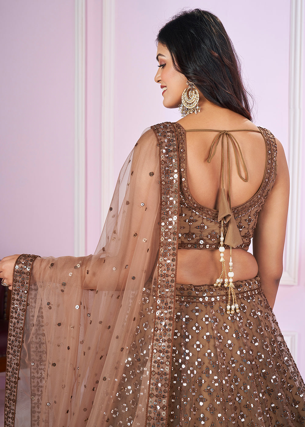 Buy Now Soft Net Embroidered Brown Color Reception Lehenga Choli Online in USA, UK, Canada & Worldwide at Empress Clothing.