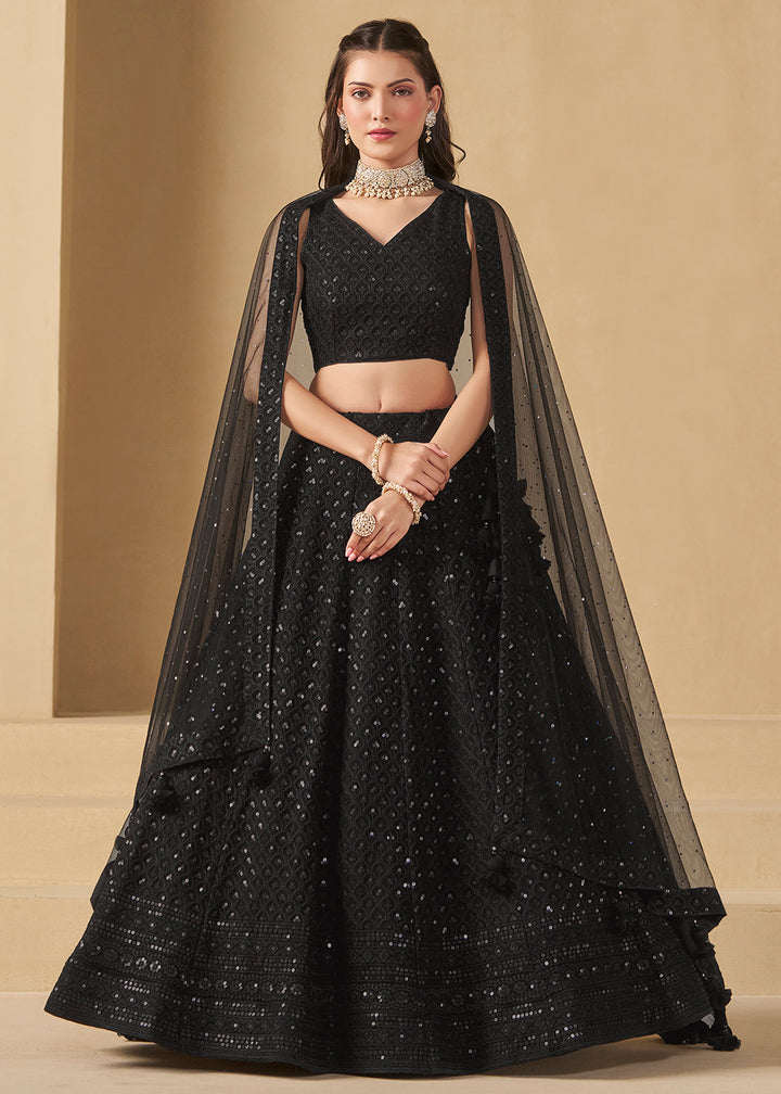 Buy Now Threads & Sequins Work Black Festive Style Lehenga Choli Online in USA, UK, Canada, France, Italy, Germany, Austria, UAE & Worldwide at Empress Clothing.