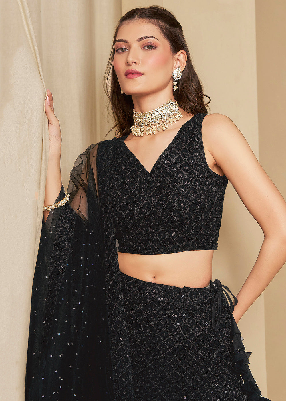 Buy Now Threads & Sequins Work Black Festive Style Lehenga Choli Online in USA, UK, Canada, France, Italy, Germany, Austria, UAE & Worldwide at Empress Clothing.