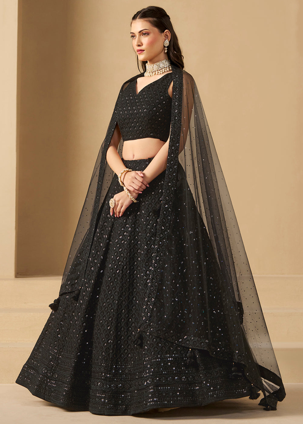 Buy Now Threads & Sequins Work Black Festive Style Lehenga Choli Online in USA, UK, Canada, France, Italy, Germany, Austria, UAE & Worldwide at Empress Clothing.