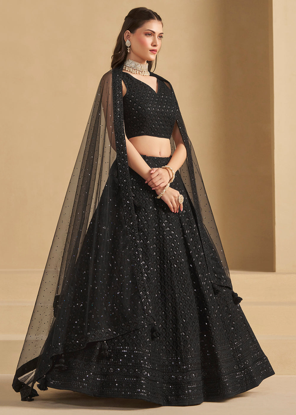 Buy Now Threads & Sequins Work Black Festive Style Lehenga Choli Online in USA, UK, Canada, France, Italy, Germany, Austria, UAE & Worldwide at Empress Clothing.