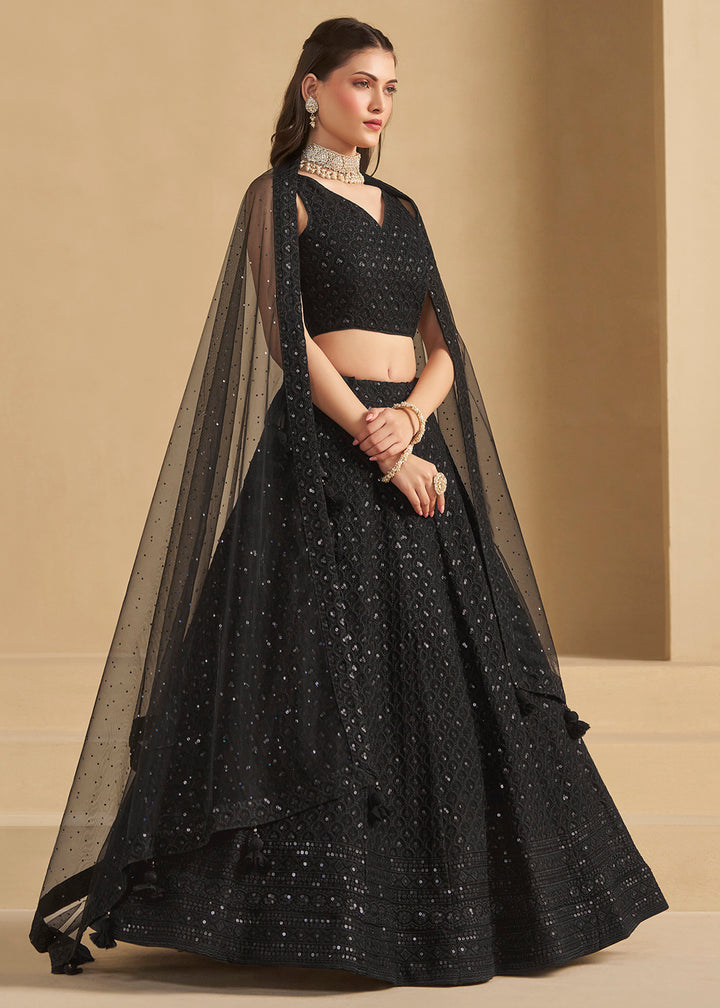 Buy Now Threads & Sequins Work Black Festive Style Lehenga Choli Online in USA, UK, Canada, France, Italy, Germany, Austria, UAE & Worldwide at Empress Clothing.