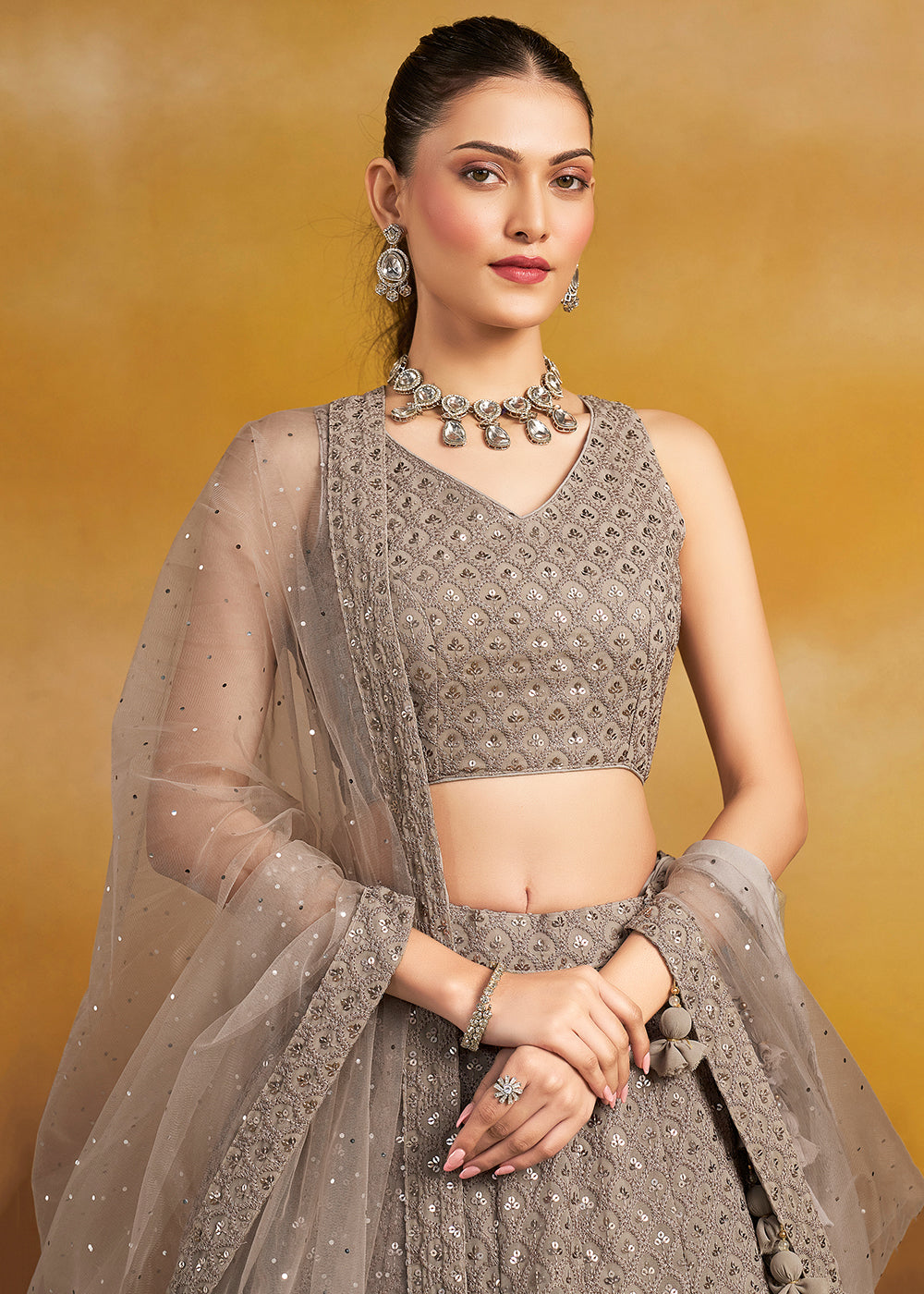 Buy Now Threads & Sequins Work Grey Festive Style Lehenga Choli Online in USA, UK, Canada, France, Italy, Gerany, Austria, UAE & Worldwide at Empress Clothing.