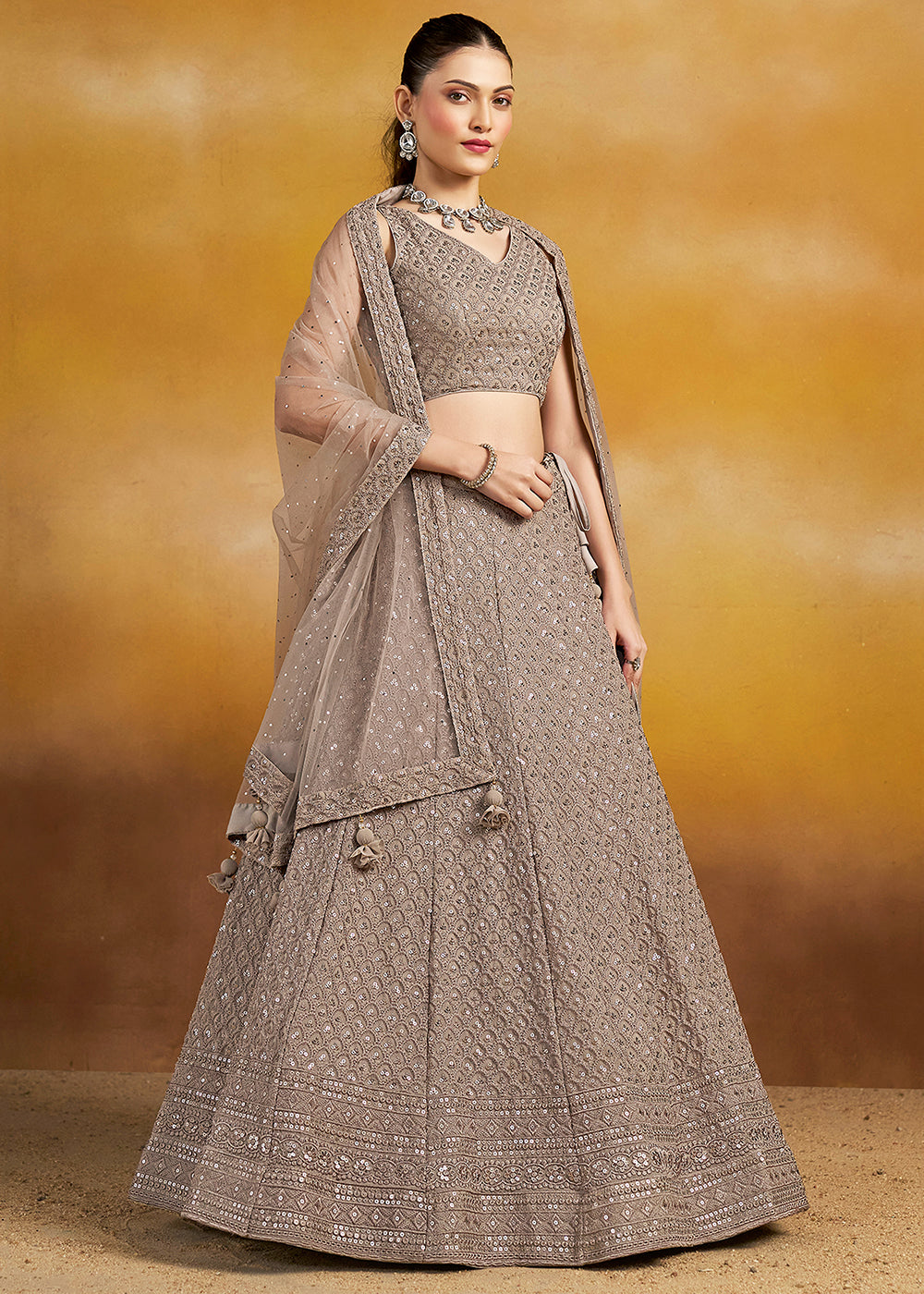 Buy Now Threads & Sequins Work Grey Festive Style Lehenga Choli Online in USA, UK, Canada, France, Italy, Gerany, Austria, UAE & Worldwide at Empress Clothing.