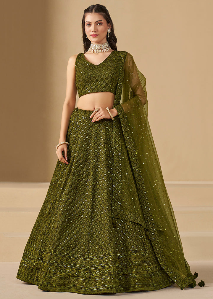 Buy Now Threads & Sequins Work Mehndi Festive Style Lehenga Choli Online in USA, UK, Canada, France, Italy, Gerany, Austria, UAE & Worldwide at Empress Clothing