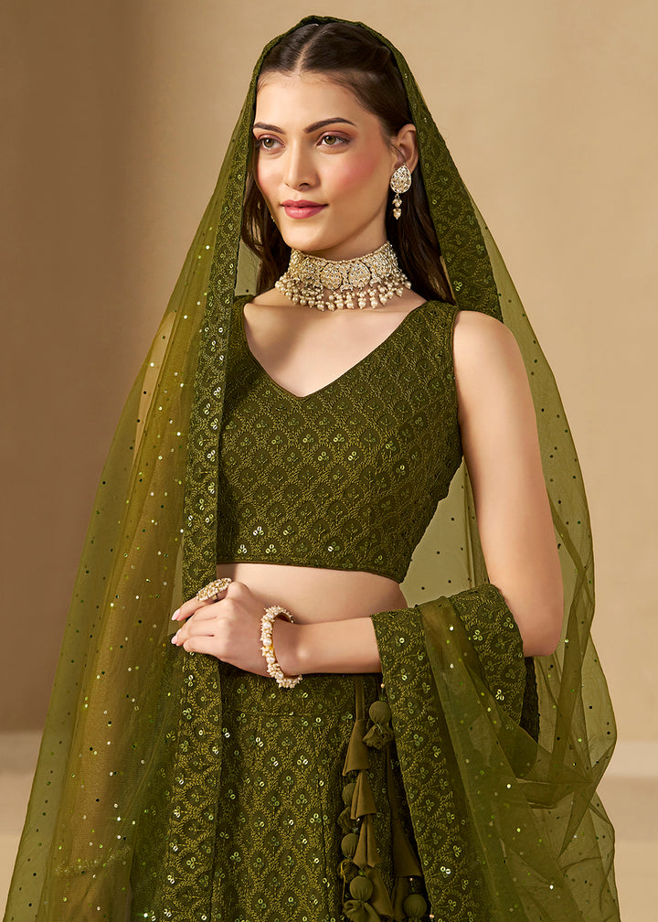 Buy Now Threads & Sequins Work Mehndi Festive Style Lehenga Choli Online in USA, UK, Canada, France, Italy, Gerany, Austria, UAE & Worldwide at Empress Clothing