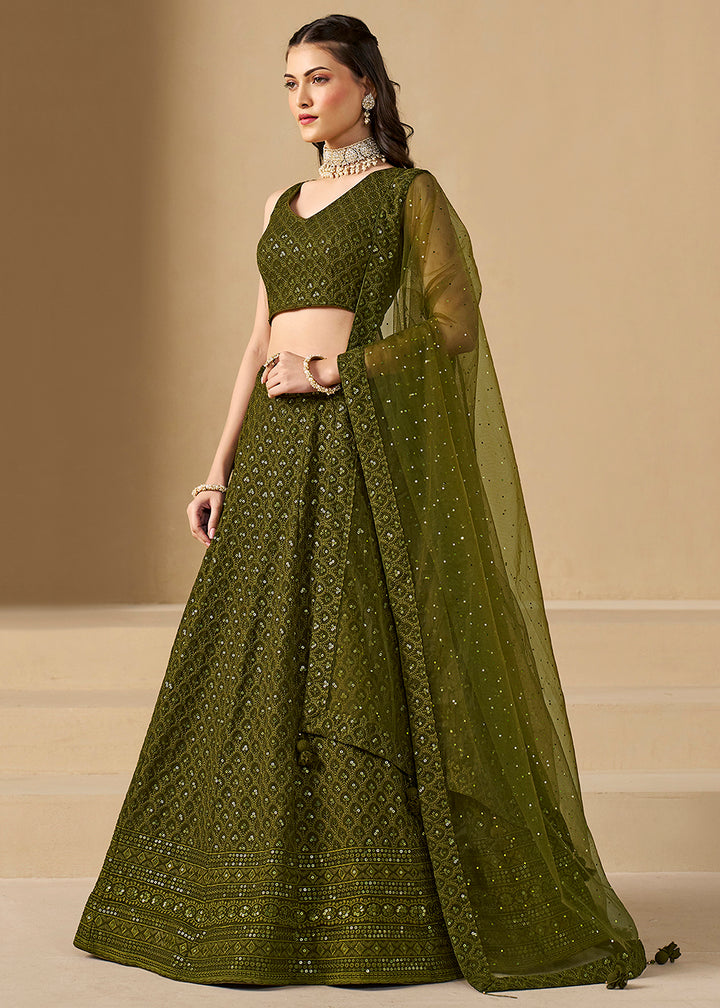 Buy Now Threads & Sequins Work Mehndi Festive Style Lehenga Choli Online in USA, UK, Canada, France, Italy, Gerany, Austria, UAE & Worldwide at Empress Clothing