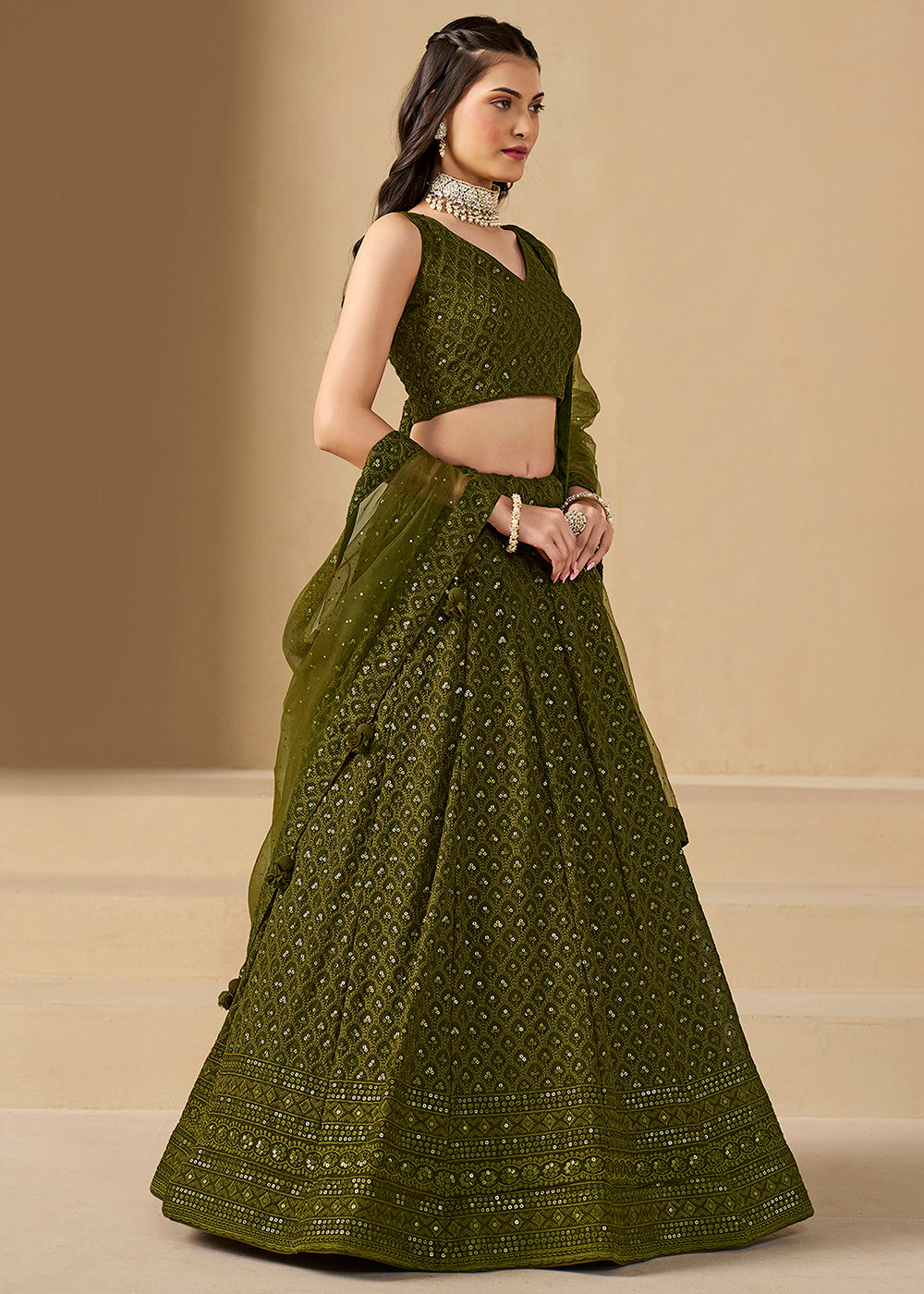Buy Now Threads & Sequins Work Mehndi Festive Style Lehenga Choli Online in USA, UK, Canada, France, Italy, Gerany, Austria, UAE & Worldwide at Empress Clothing