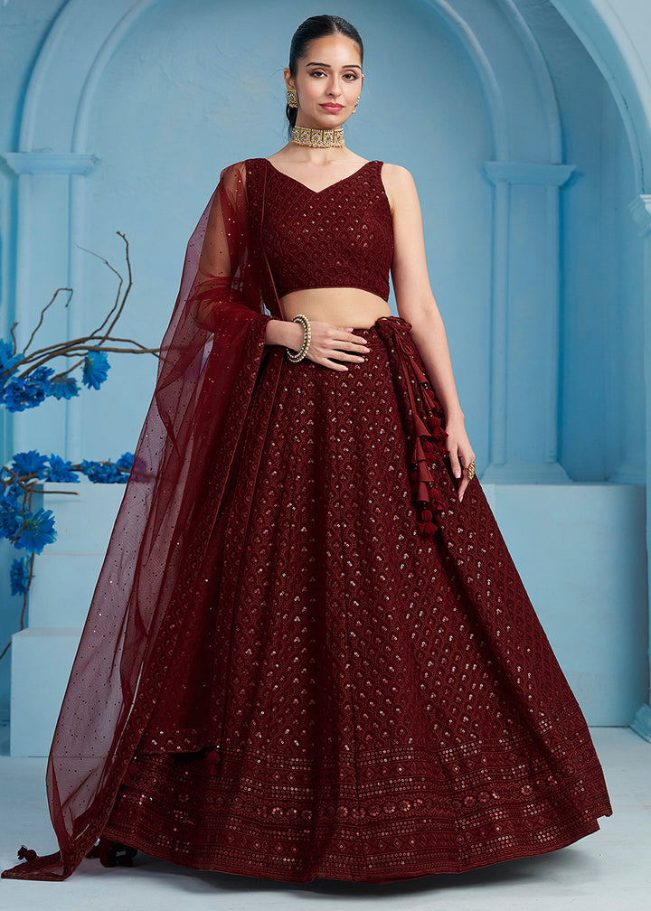 Buy Now Thread & Sequins Work Maroon Festive Style Lehenga Choli Online in USA, UK, Canada, France, Italy, Gerany, Austria, UAE & Worldwide at Empress Clothing.