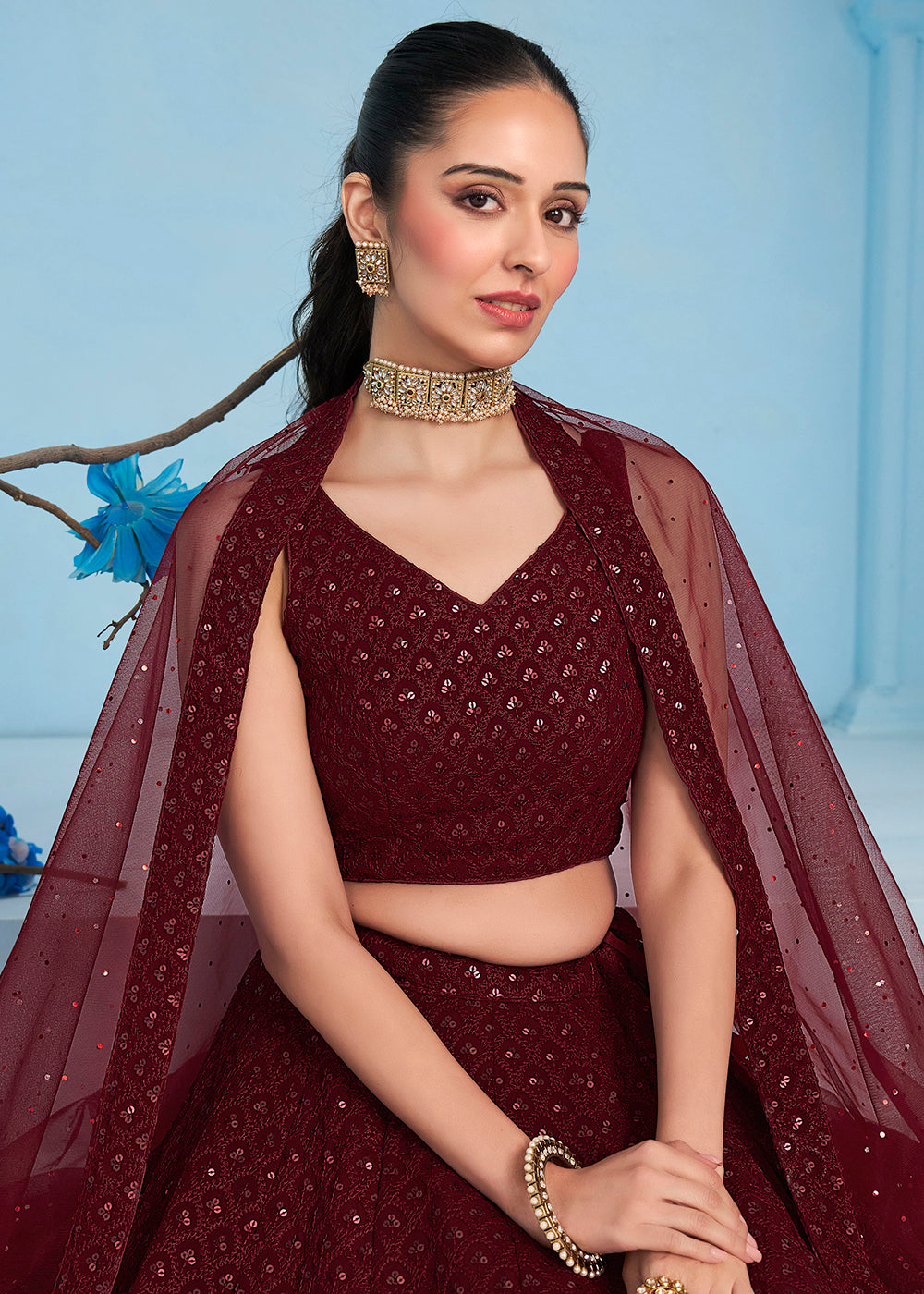Buy Now Thread & Sequins Work Maroon Festive Style Lehenga Choli Online in USA, UK, Canada, France, Italy, Gerany, Austria, UAE & Worldwide at Empress Clothing.