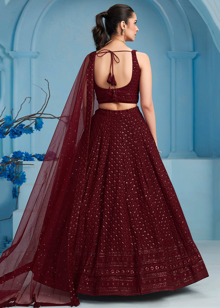 Buy Now Thread & Sequins Work Maroon Festive Style Lehenga Choli Online in USA, UK, Canada, France, Italy, Gerany, Austria, UAE & Worldwide at Empress Clothing.