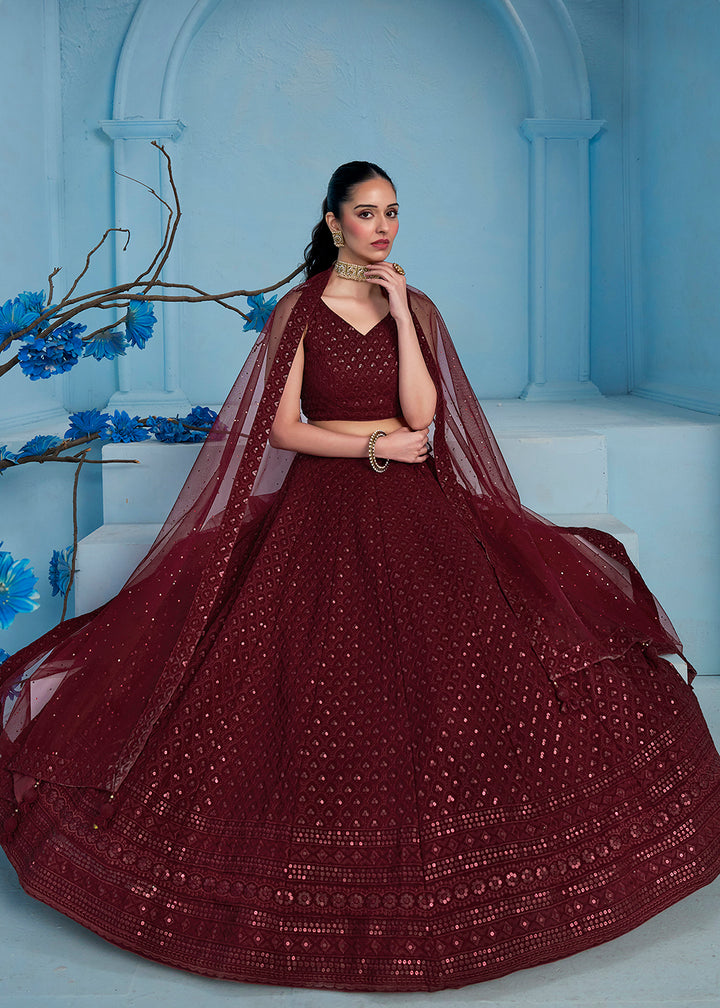 Buy Now Thread & Sequins Work Maroon Festive Style Lehenga Choli Online in USA, UK, Canada, France, Italy, Gerany, Austria, UAE & Worldwide at Empress Clothing.