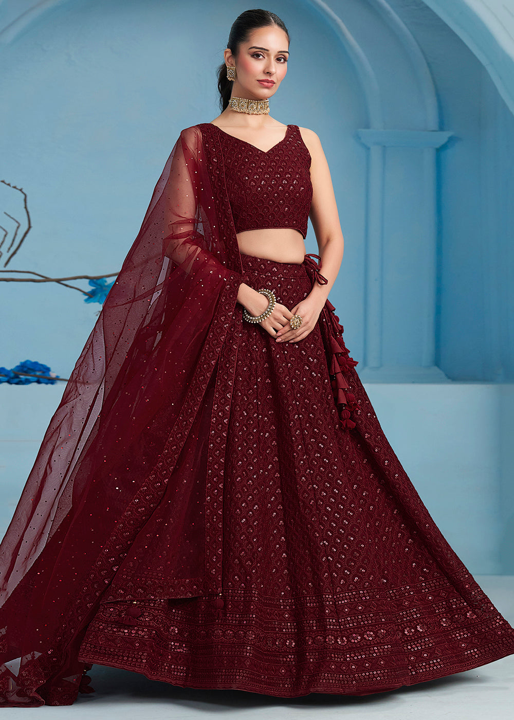 Buy Now Thread & Sequins Work Maroon Festive Style Lehenga Choli Online in USA, UK, Canada, France, Italy, Gerany, Austria, UAE & Worldwide at Empress Clothing.