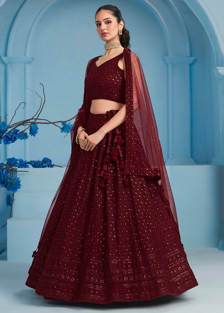 Buy Now Thread & Sequins Work Maroon Festive Style Lehenga Choli Online in USA, UK, Canada, France, Italy, Gerany, Austria, UAE & Worldwide at Empress Clothing.