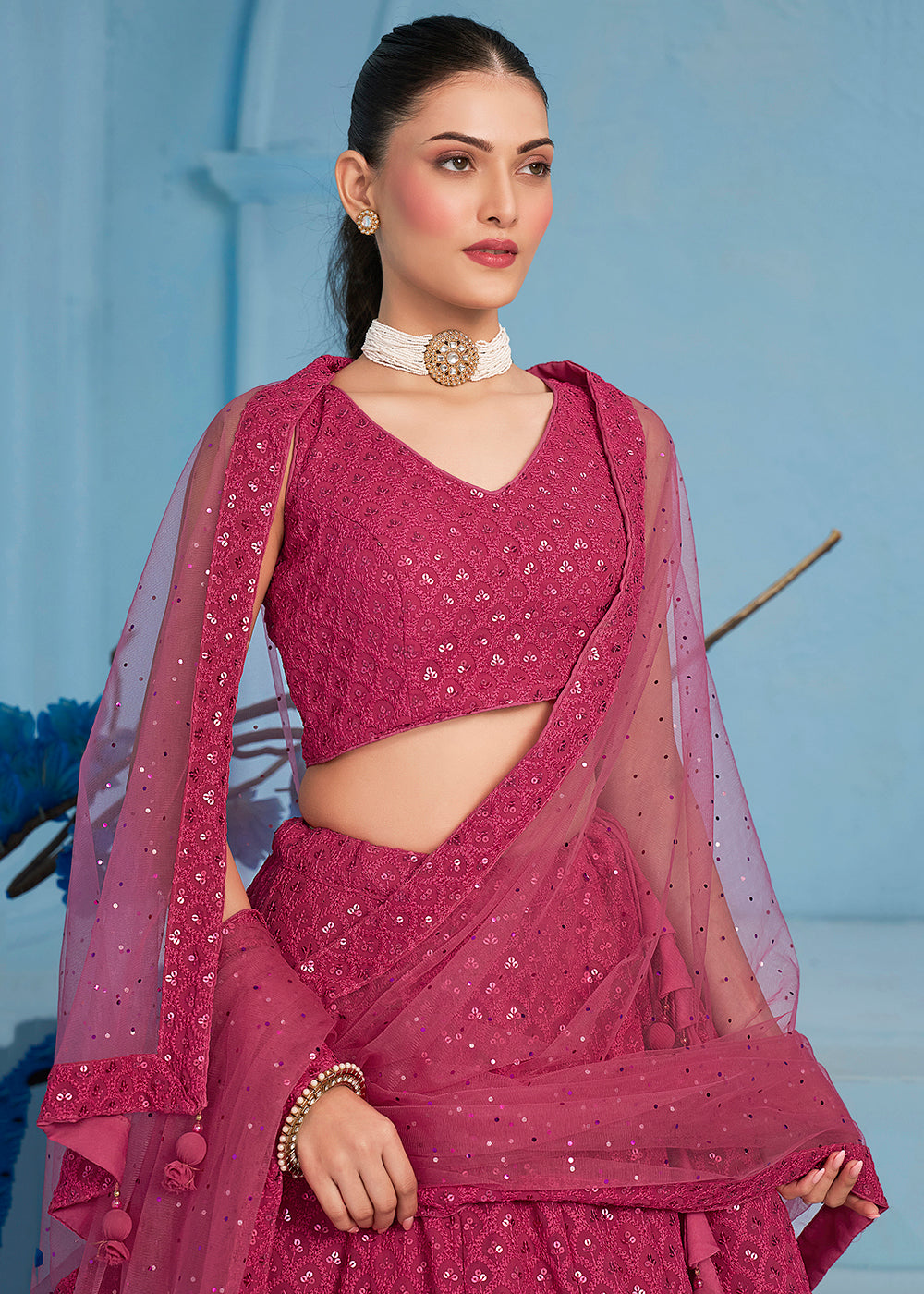 Buy Now Threads & Sequins Work Pink Festive Style Lehenga Choli Online in USA, UK, Canada, France, Italy, Gerany, Austria, UAE & Worldwide at Empress Clothing.