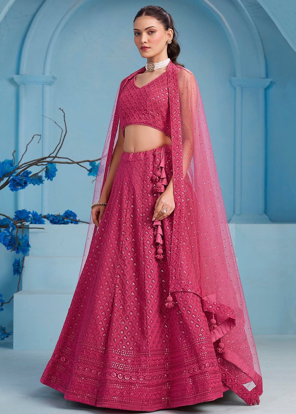 Buy Now Threads & Sequins Work Pink Festive Style Lehenga Choli Online in USA, UK, Canada, France, Italy, Gerany, Austria, UAE & Worldwide at Empress Clothing.