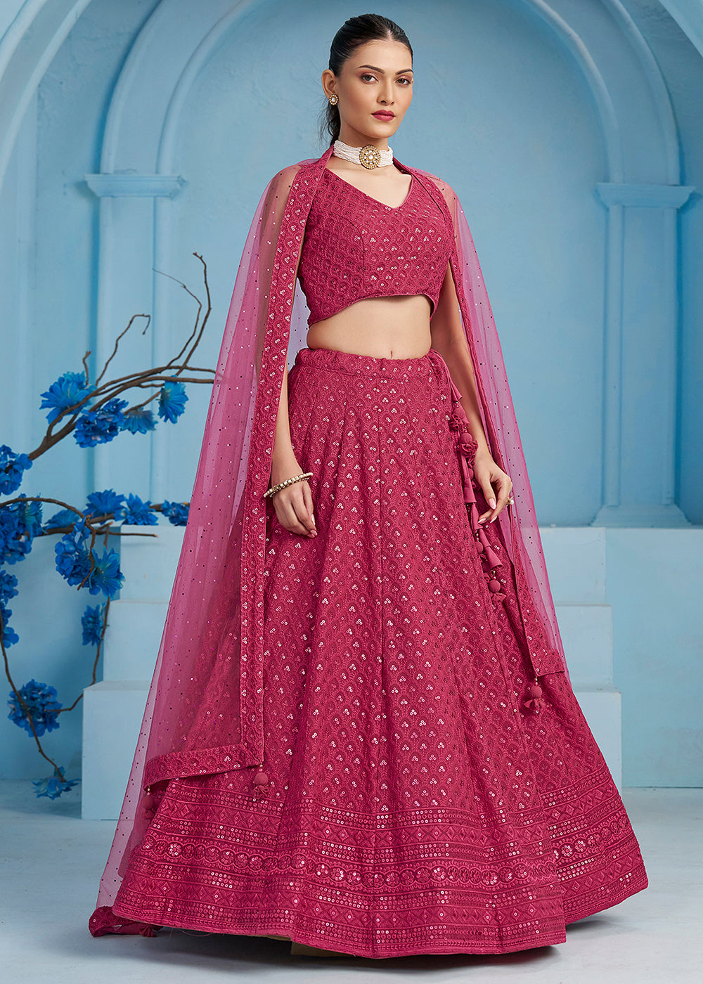 Buy Now Threads & Sequins Work Pink Festive Style Lehenga Choli Online in USA, UK, Canada, France, Italy, Gerany, Austria, UAE & Worldwide at Empress Clothing.