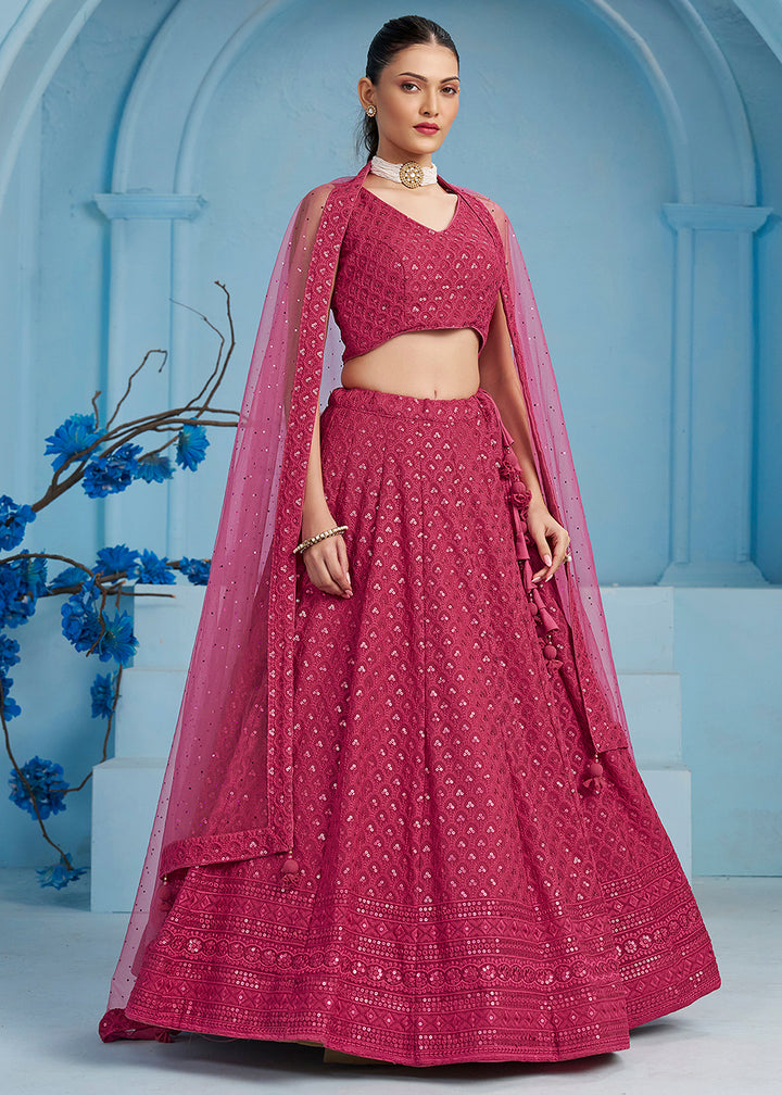 Buy Now Threads & Sequins Work Pink Festive Style Lehenga Choli Online in USA, UK, Canada, France, Italy, Gerany, Austria, UAE & Worldwide at Empress Clothing.