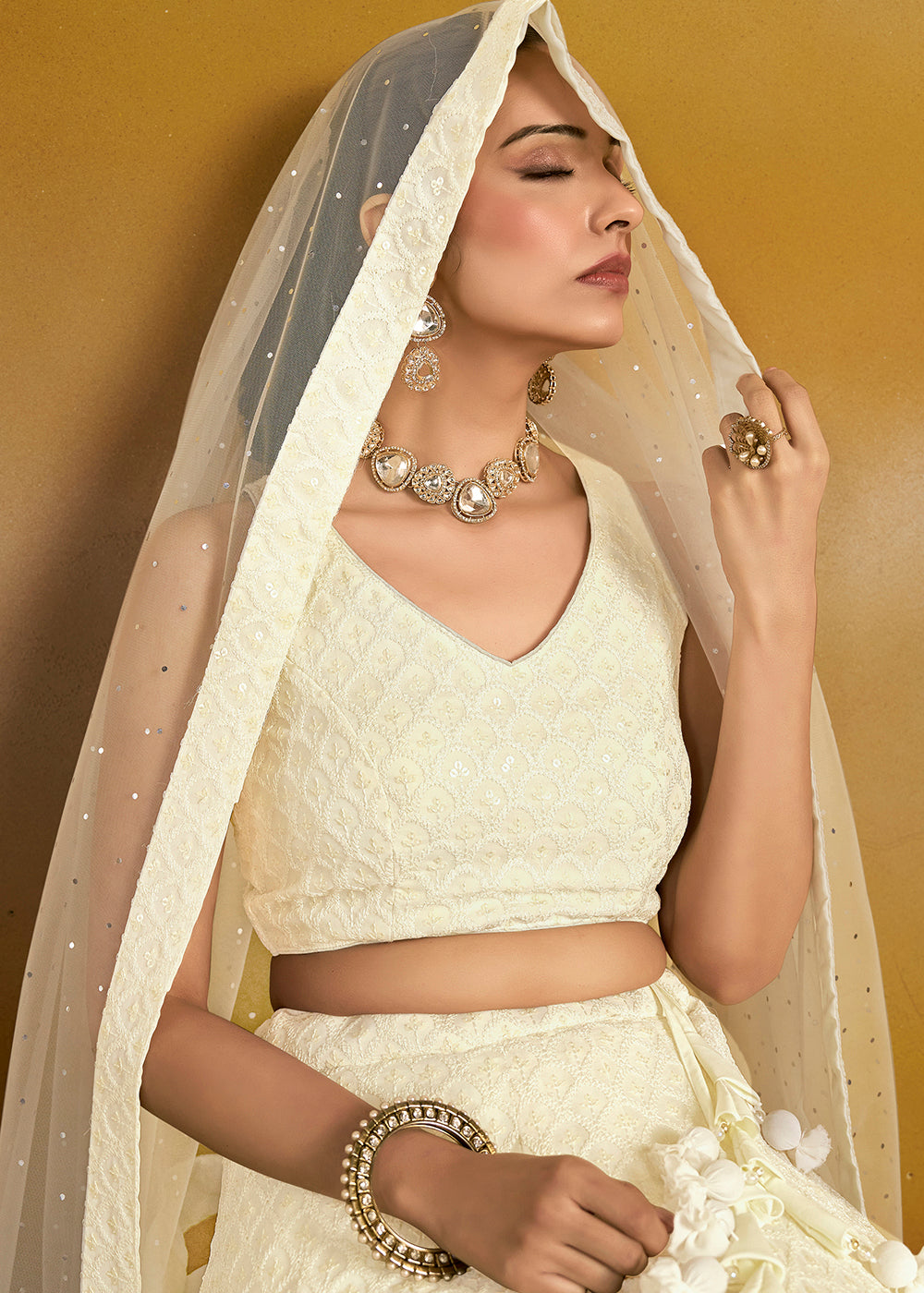 Buy Now Threads & Sequins Work White Festive Style Lehenga Choli Online in USA, UK, Canada, France, Italy, Gerany, Austria, UAE & Worldwide at Empress Clothing.