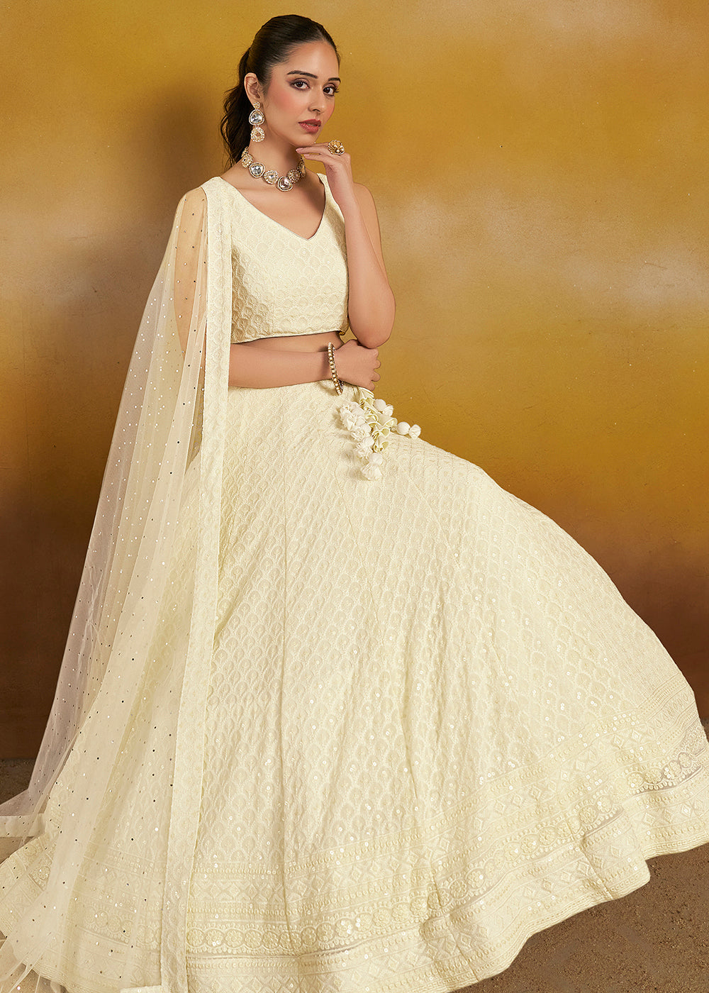 Buy Now Threads & Sequins Work White Festive Style Lehenga Choli Online in USA, UK, Canada, France, Italy, Gerany, Austria, UAE & Worldwide at Empress Clothing.