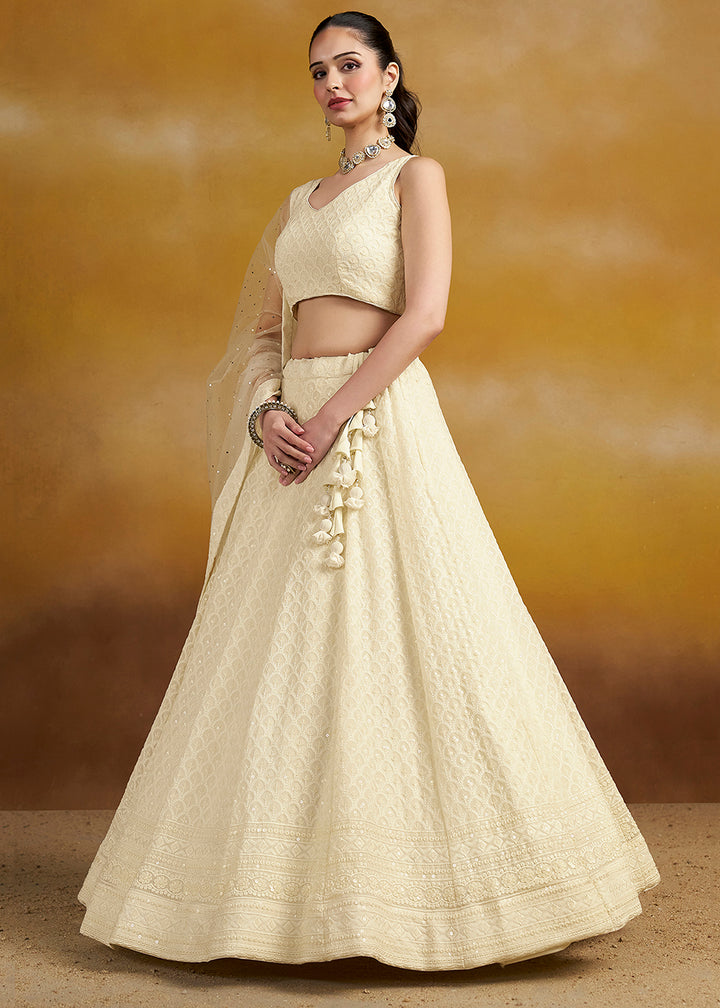 Buy Now Threads & Sequins Work White Festive Style Lehenga Choli Online in USA, UK, Canada, France, Italy, Gerany, Austria, UAE & Worldwide at Empress Clothing.