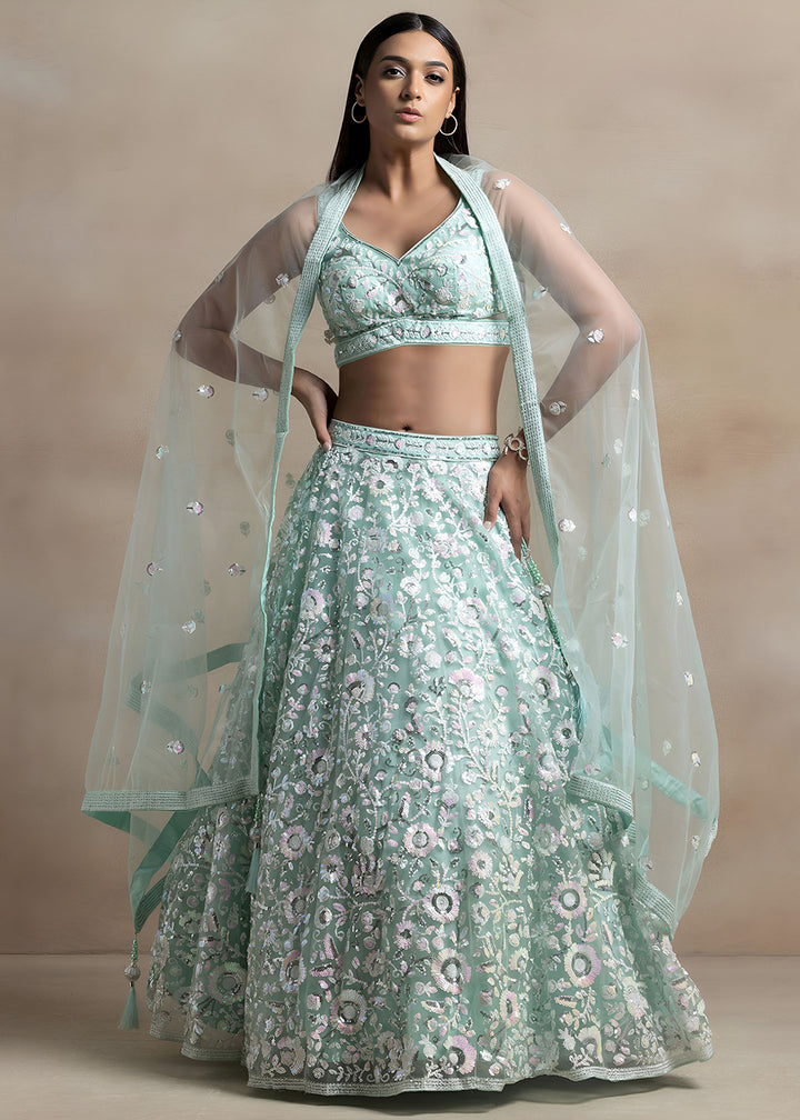 Buy Now Blue Soft Net Material Embroidered Wedding Lehenga Choli Online in US, UK, Canada, France, Italy, Germany, Australia, Greece, UAE &amp; Worldwide at Empress.