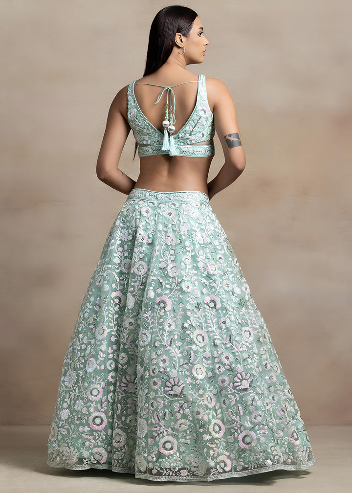 Buy Now Blue Soft Net Material Embroidered Wedding Lehenga Choli Online in US, UK, Canada, France, Italy, Germany, Australia, Greece, UAE &amp; Worldwide at Empress.