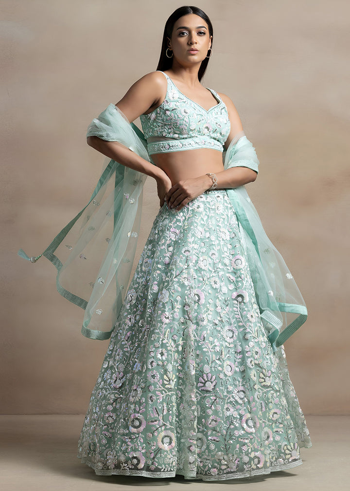 Buy Now Blue Soft Net Material Embroidered Wedding Lehenga Choli Online in US, UK, Canada, France, Italy, Germany, Australia, Greece, UAE &amp; Worldwide at Empress.
