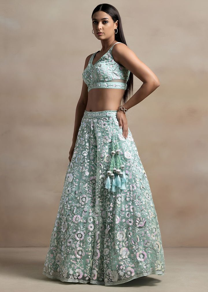 Buy Now Blue Soft Net Material Embroidered Wedding Lehenga Choli Online in US, UK, Canada, France, Italy, Germany, Australia, Greece, UAE &amp; Worldwide at Empress.