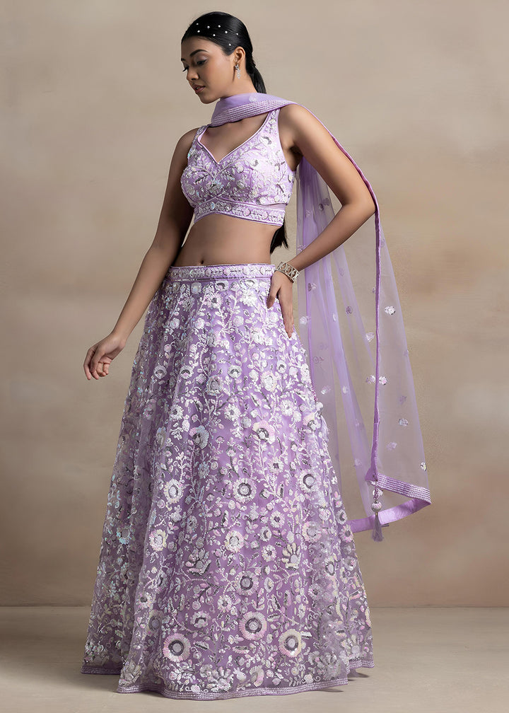 Buy Now Lavender Soft Net Material Embroidered Wedding Lehenga Choli Online in US, UK, Canada, France, Italy, Germany, Australia, Greece, &amp; Worldwide at Empress