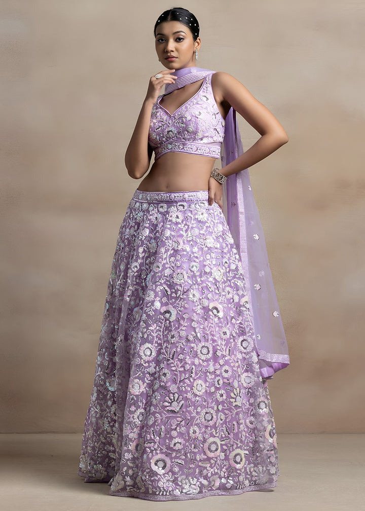 Buy Now Lavender Soft Net Material Embroidered Wedding Lehenga Choli Online in US, UK, Canada, France, Italy, Germany, Australia, Greece, &amp; Worldwide at Empress