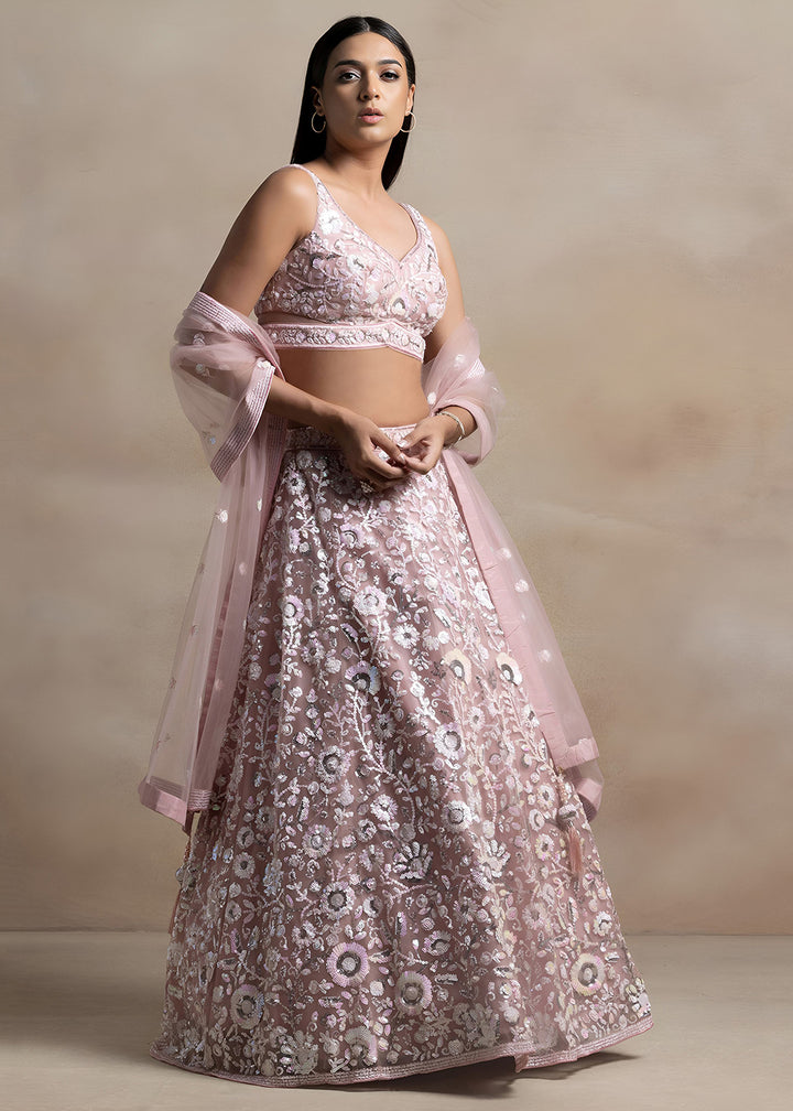 Buy Now Pink Soft Net Material Embroidered Wedding Lehenga Choli Online in US, UK, Canada, France, Italy, Germany, Australia, Greece, &amp; Worldwide at Empress