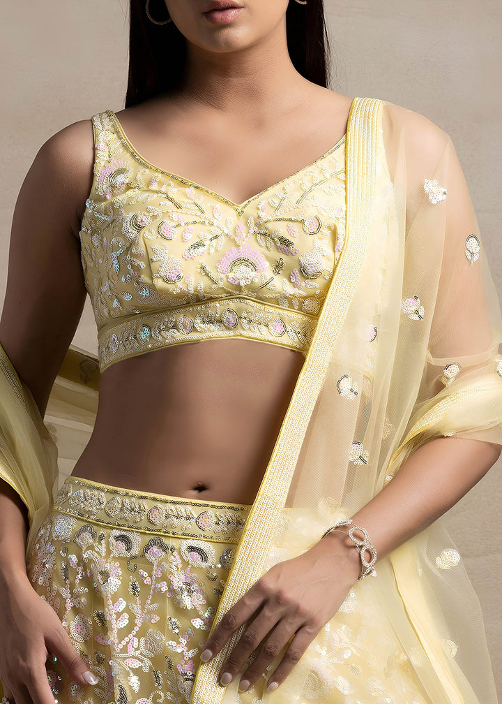 Buy Now Yellow Soft Net Material Embroidered Wedding Lehenga Choli Online in US, UK, Canada, France, Italy, Germany, Australia, Greece, &amp; Worldwide at Empress.