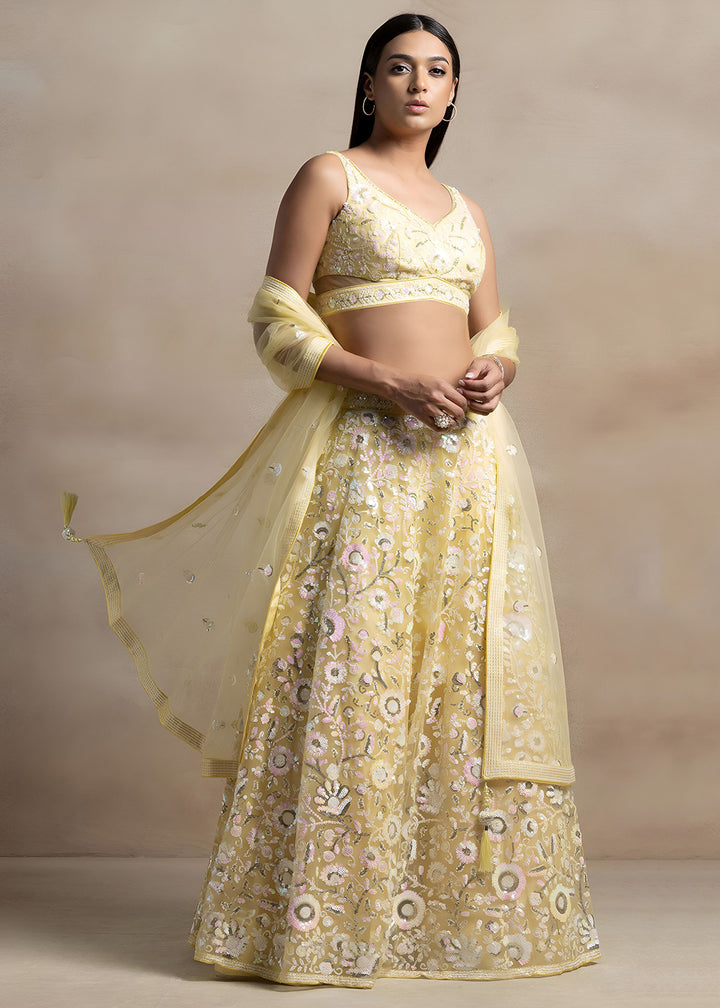 Buy Now Yellow Soft Net Material Embroidered Wedding Lehenga Choli Online in US, UK, Canada, France, Italy, Germany, Australia, Greece, &amp; Worldwide at Empress.