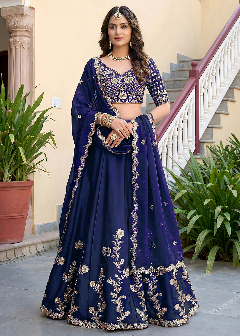 Buy Now Blue Rangoli Silk Zari &amp; Threads Festive Lehenga Choli Online in US, UK, Canada, France, Italy, Germany, Sweden, UAE &amp; Worldwide at Empress Clothing.