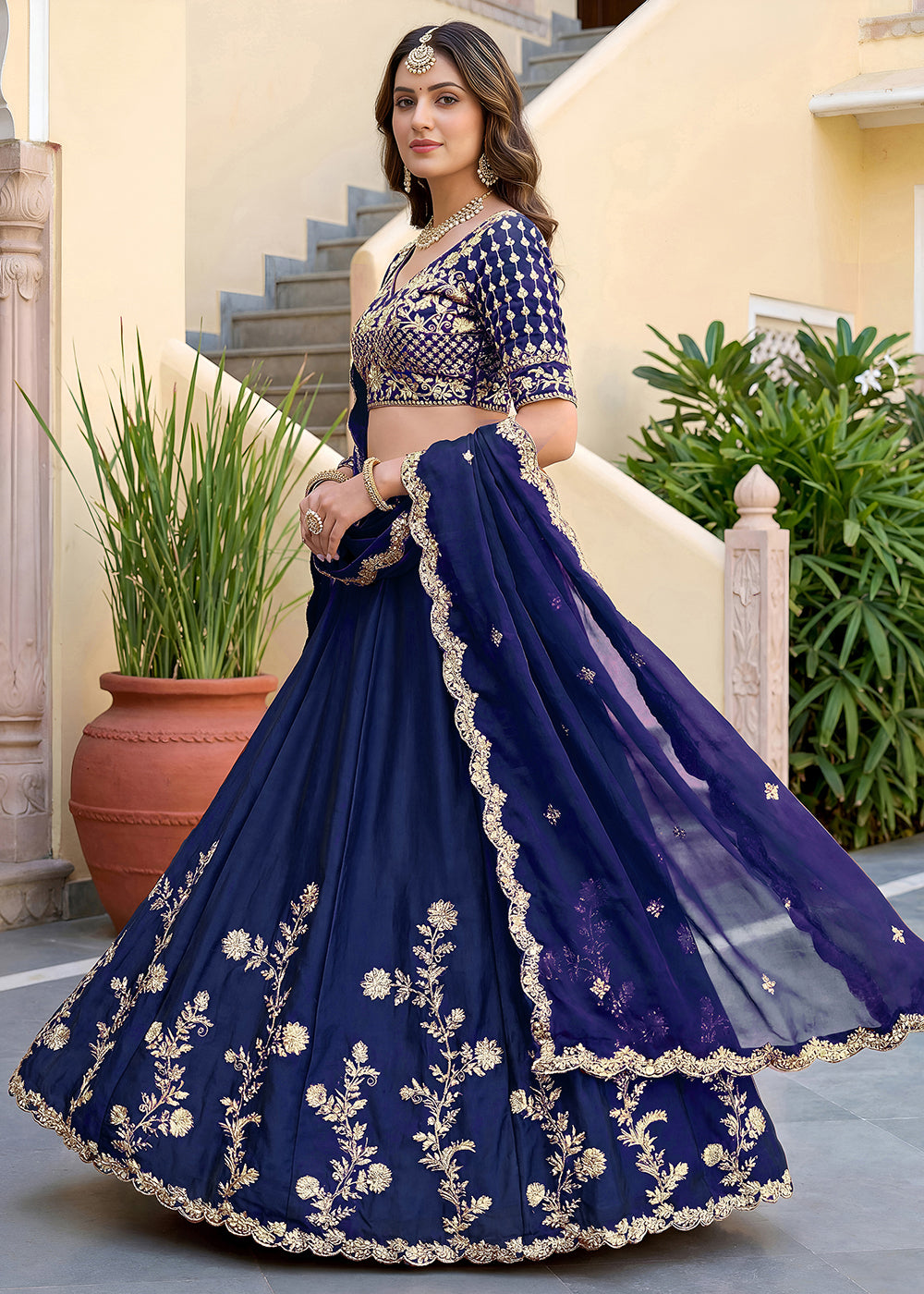 Buy Now Blue Rangoli Silk Zari &amp; Threads Festive Lehenga Choli Online in US, UK, Canada, France, Italy, Germany, Sweden, UAE &amp; Worldwide at Empress Clothing.