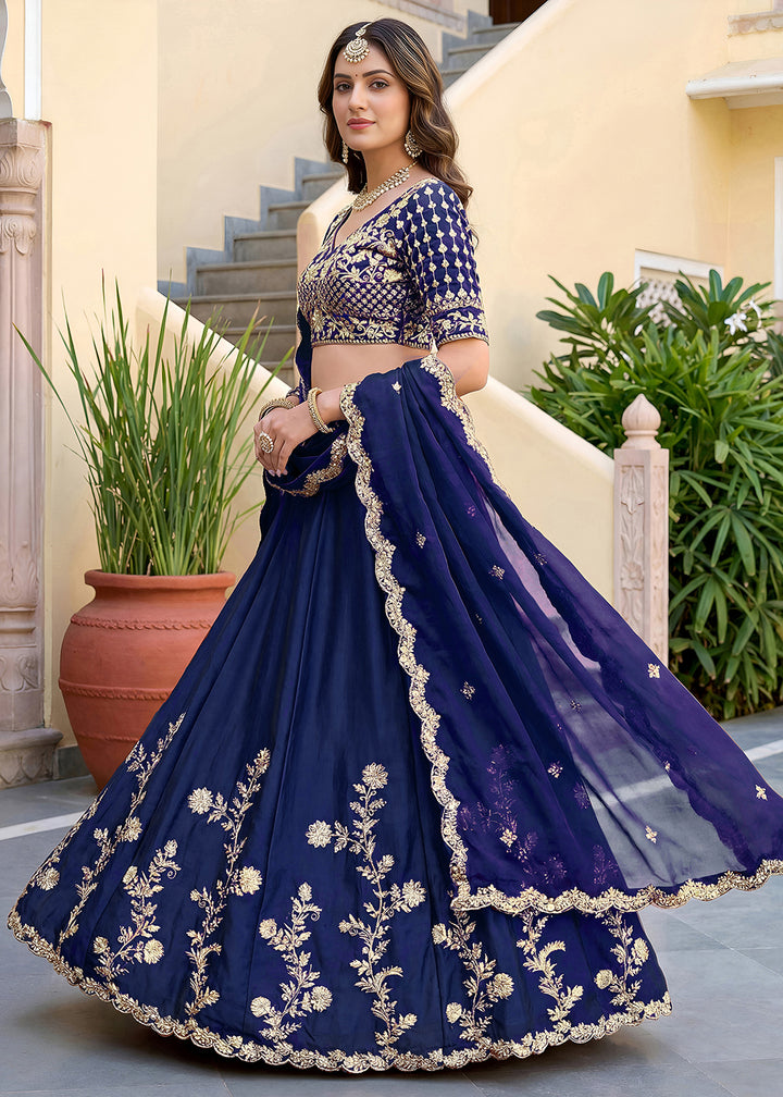 Buy Now Blue Rangoli Silk Zari &amp; Threads Festive Lehenga Choli Online in US, UK, Canada, France, Italy, Germany, Sweden, UAE &amp; Worldwide at Empress Clothing.