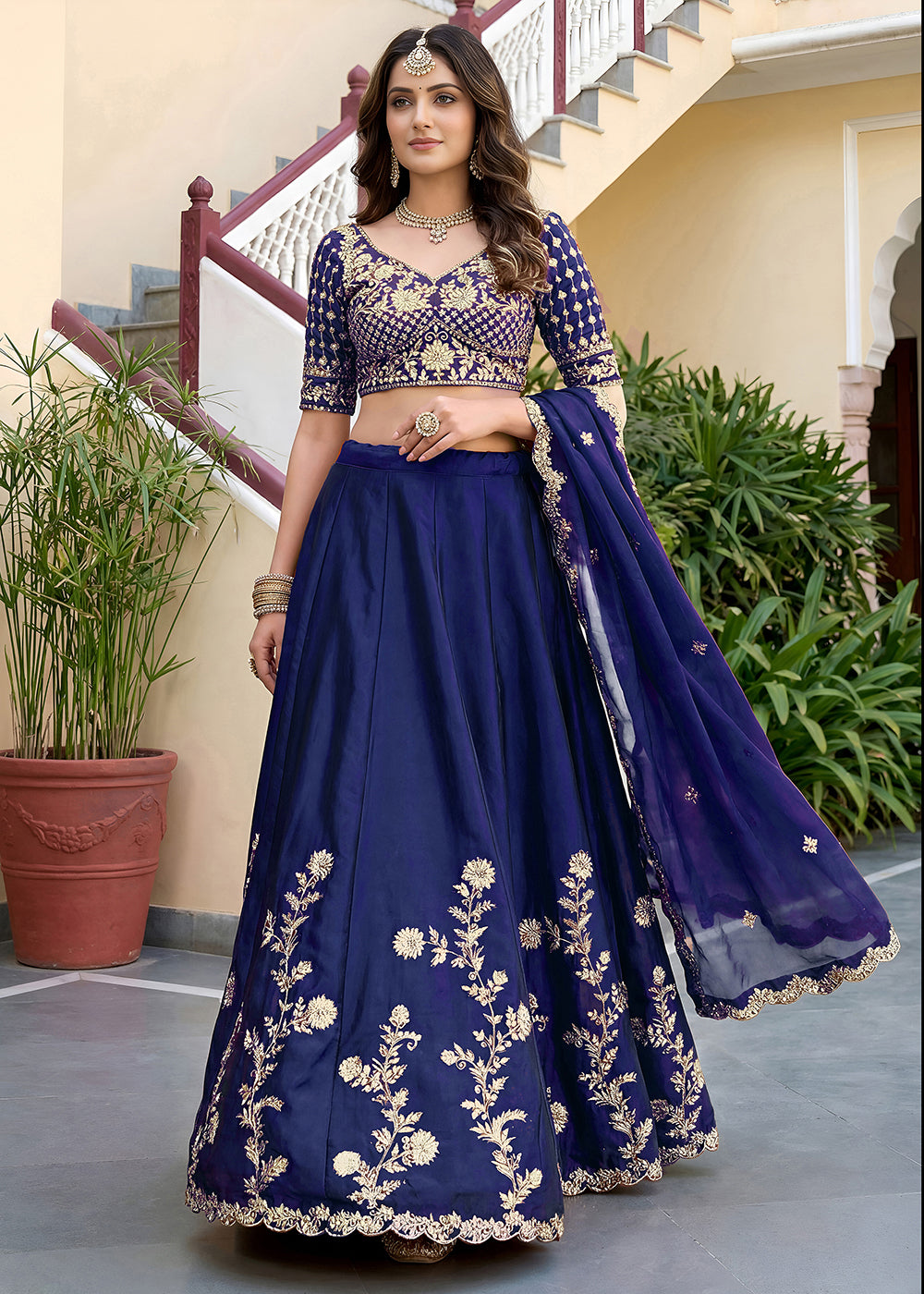 Buy Now Blue Rangoli Silk Zari &amp; Threads Festive Lehenga Choli Online in US, UK, Canada, France, Italy, Germany, Sweden, UAE &amp; Worldwide at Empress Clothing.