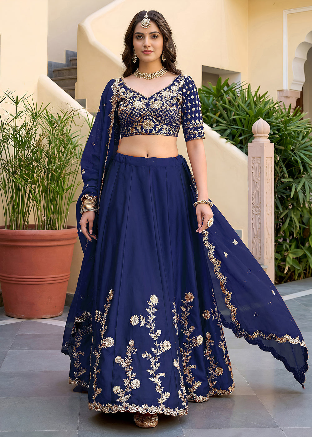 Buy Now Blue Rangoli Silk Zari &amp; Threads Festive Lehenga Choli Online in US, UK, Canada, France, Italy, Germany, Sweden, UAE &amp; Worldwide at Empress Clothing.