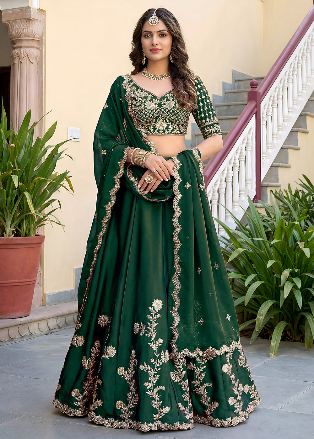 Buy Now Green Rangoli Silk Zari &amp; Threads Festive Lehenga Choli Online in US, UK, Canada, France, Italy, Germany, Sweden, UAE &amp; Worldwide at Empress Clothing.