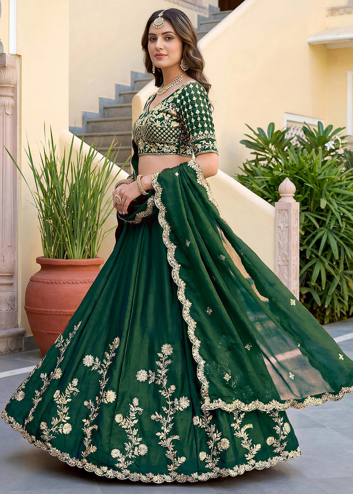 Buy Now Green Rangoli Silk Zari &amp; Threads Festive Lehenga Choli Online in US, UK, Canada, France, Italy, Germany, Sweden, UAE &amp; Worldwide at Empress Clothing.