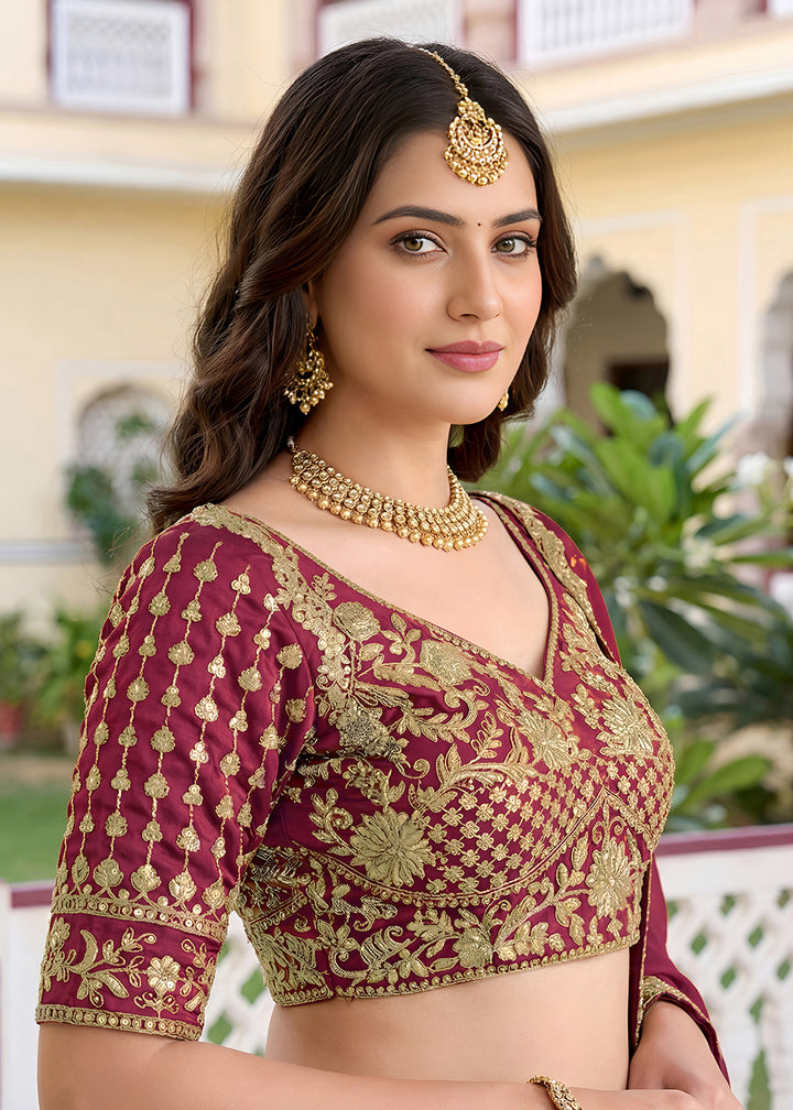 Buy Now Maroon Rangoli Silk Zari &amp; Threads Festive Lehenga Choli Online in US, UK, Canada, France, Italy, Germany, Sweden, UAE &amp; Worldwide at Empress Clothing.