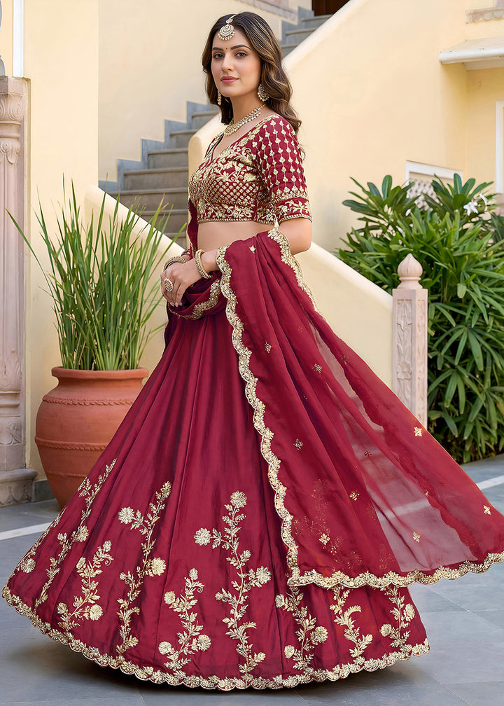 Buy Now Maroon Rangoli Silk Zari &amp; Threads Festive Lehenga Choli Online in US, UK, Canada, France, Italy, Germany, Sweden, UAE &amp; Worldwide at Empress Clothing.
