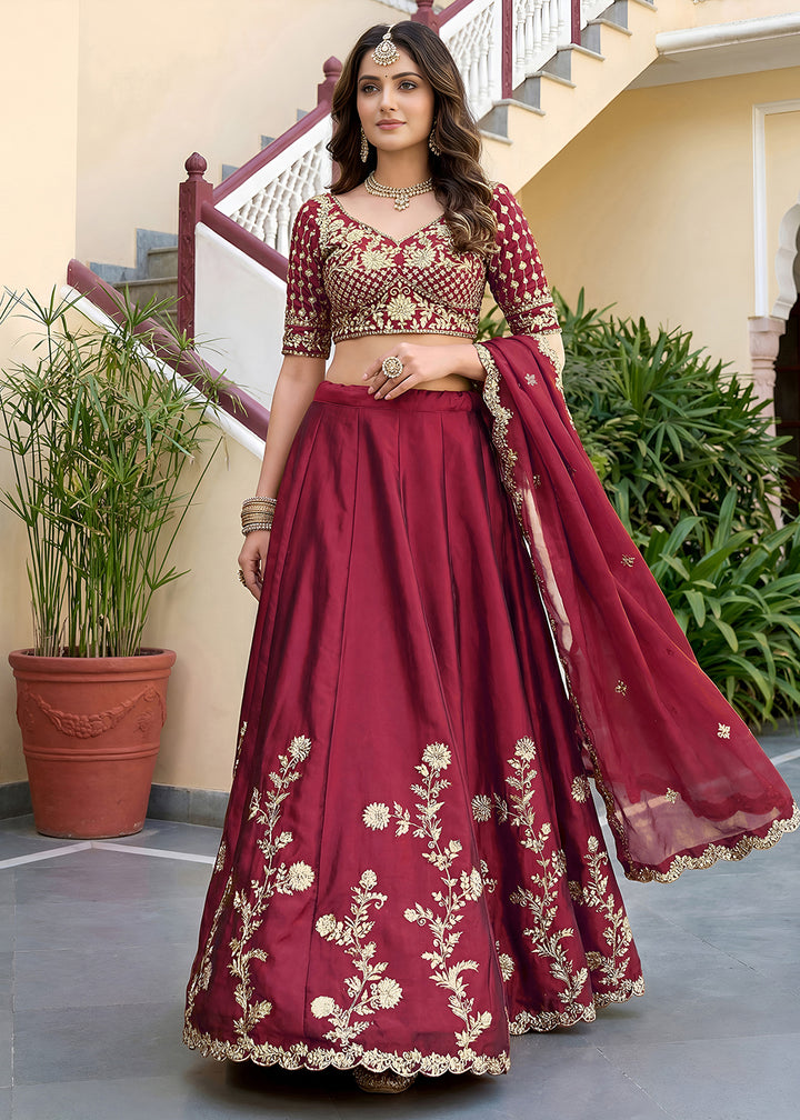 Buy Now Maroon Rangoli Silk Zari &amp; Threads Festive Lehenga Choli Online in US, UK, Canada, France, Italy, Germany, Sweden, UAE &amp; Worldwide at Empress Clothing.