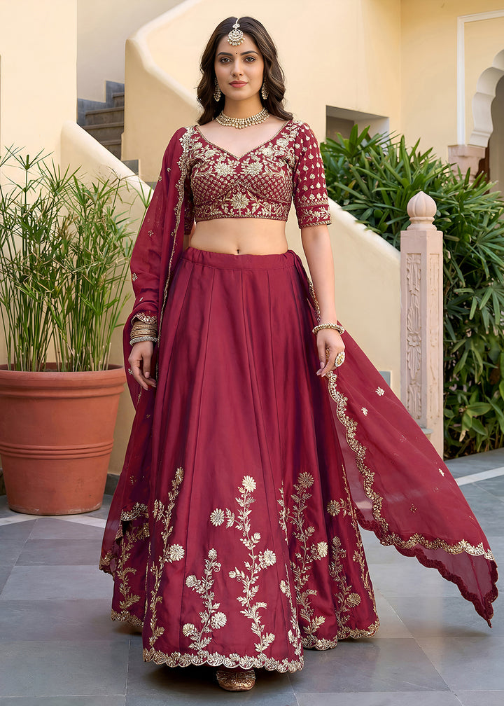 Buy Now Maroon Rangoli Silk Zari &amp; Threads Festive Lehenga Choli Online in US, UK, Canada, France, Italy, Germany, Sweden, UAE &amp; Worldwide at Empress Clothing.