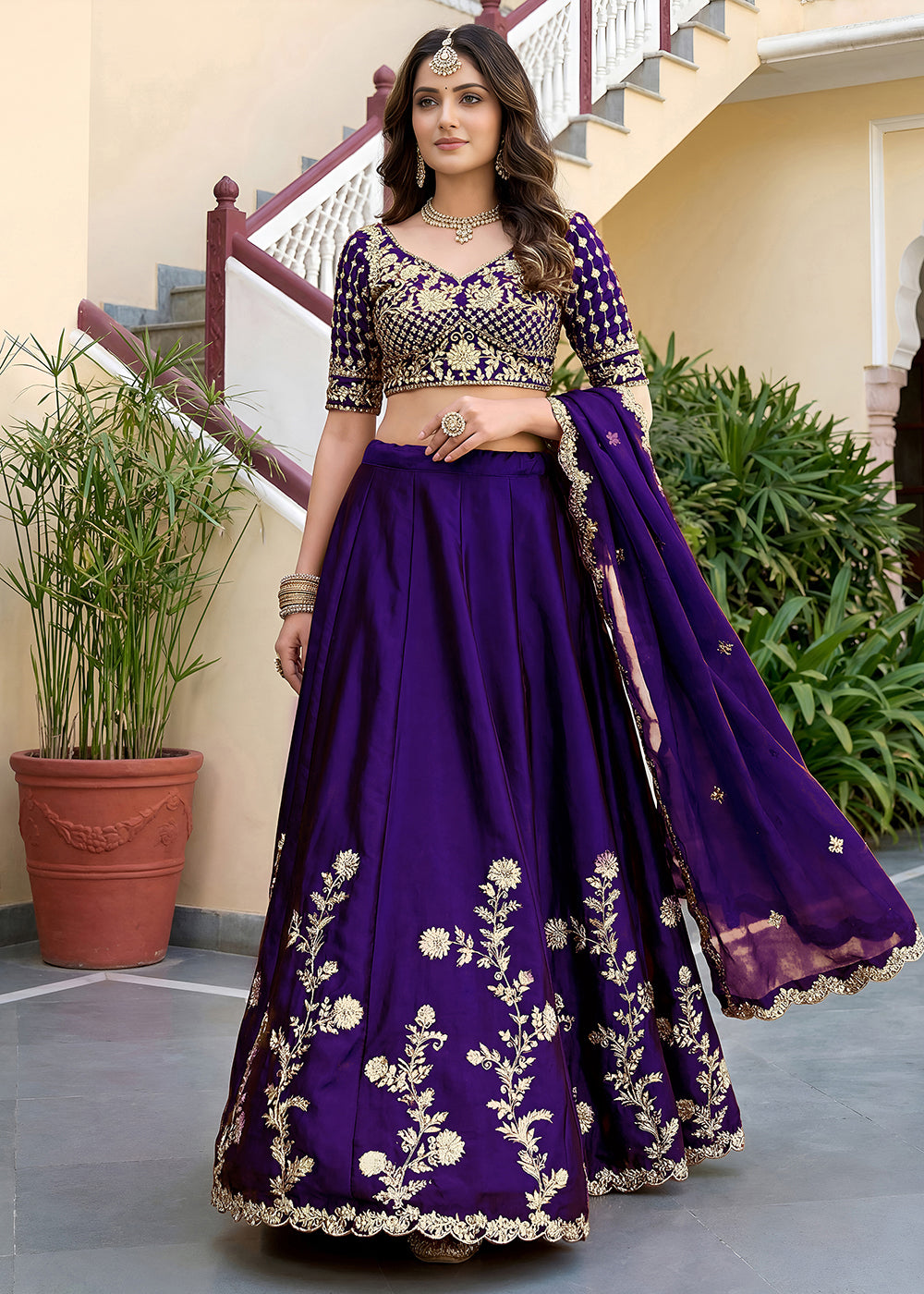 Buy Now Purple Rangoli Silk Zari &amp; Threads Festive Lehenga Choli Online in US, UK, Canada, France, Italy, Germany, Sweden, UAE &amp; Worldwide at Empress Clothing.