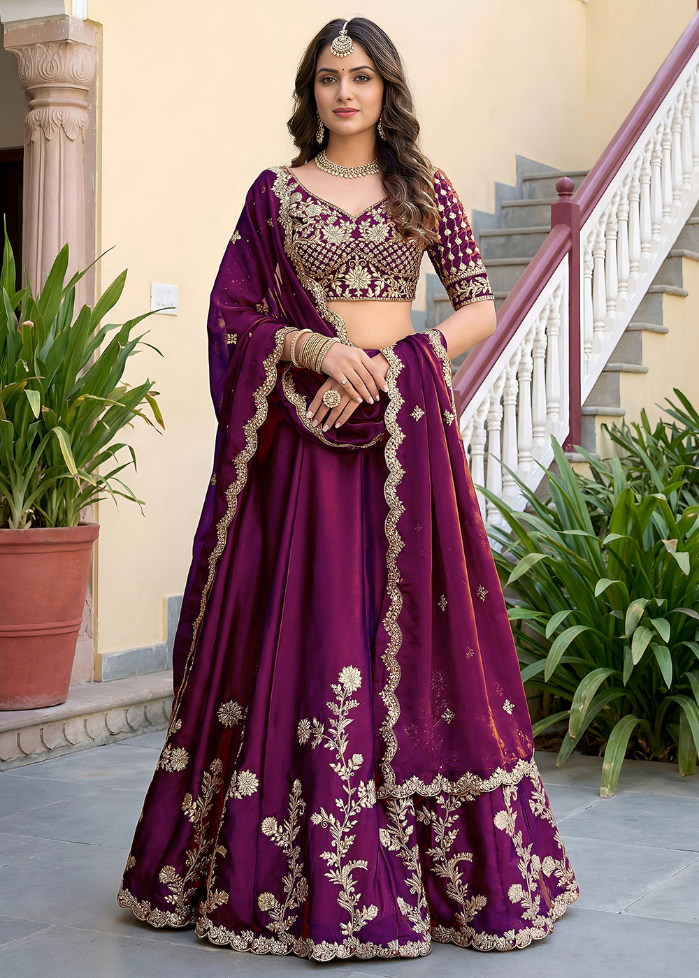 Buy Now Wine Rangoli Silk Zari &amp; Threads Festive Lehenga Choli Online in US, UK, Canada, France, Italy, Germany, Sweden, UAE &amp; Worldwide at Empress Clothing.