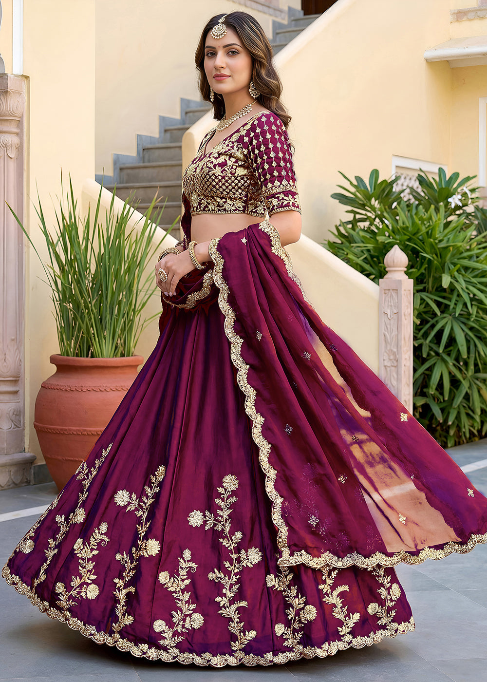 Buy Now Wine Rangoli Silk Zari &amp; Threads Festive Lehenga Choli Online in US, UK, Canada, France, Italy, Germany, Sweden, UAE &amp; Worldwide at Empress Clothing.